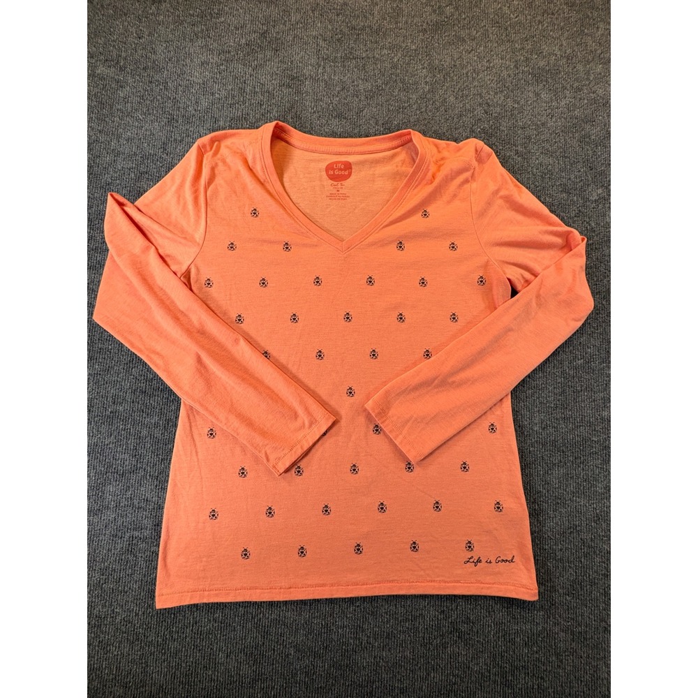 Life is Good Cool Tee Coral Orange Ladybug Heart V-Neck Long Sleeve Shirt M